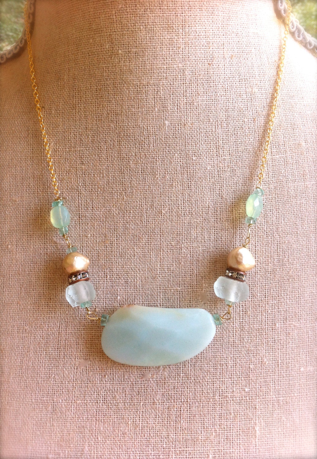 Beach Resort. Peruvian opal,sea glass,rhinestone and vintage baroque pearl necklace. Tiedupmemories