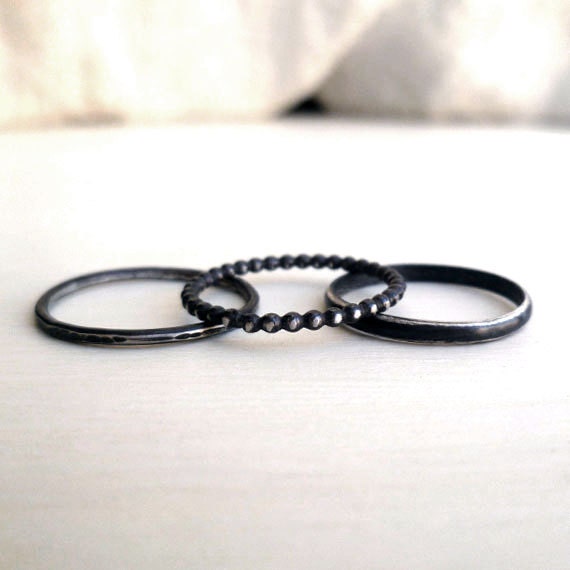 Stacked Rings - Oxidized -  Sterling Silver - Facet - Stone - Texture - Beaded - Half Round - Custom Ring - Handmade - Hipster Jewelry