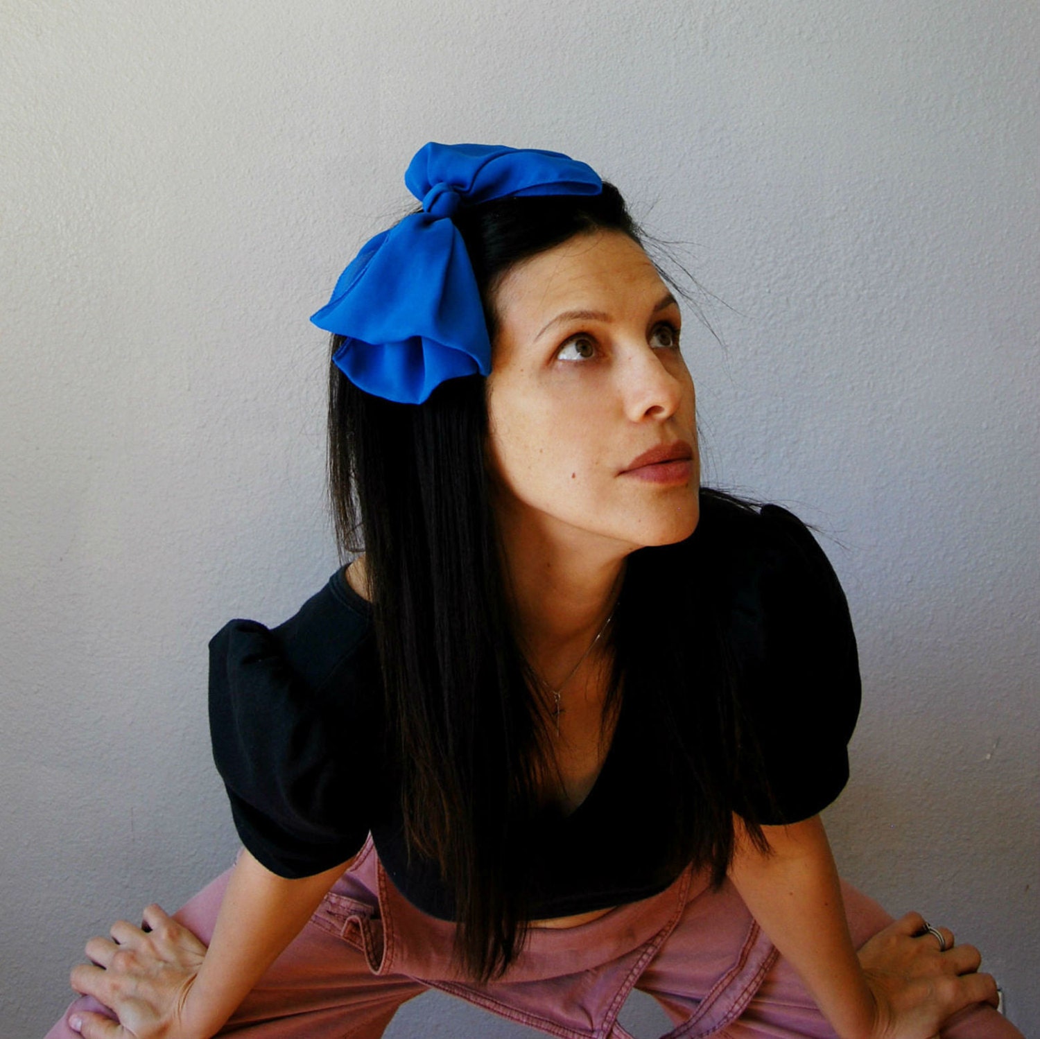 vintage CHIFFON hair bow / 1980s huge oversized ELECTRIC blue hair accessory