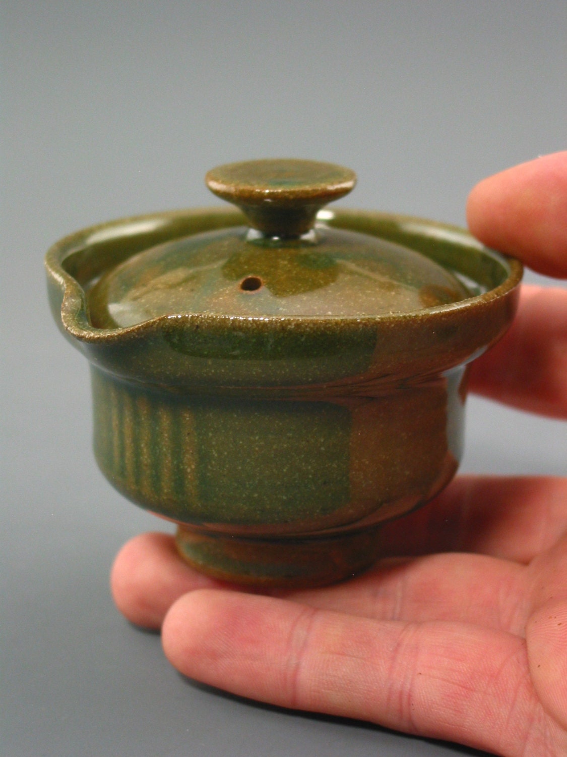 Shiboridashi Teapot (75 ml.),  iron-rich stoneware w/ celadon glaze.