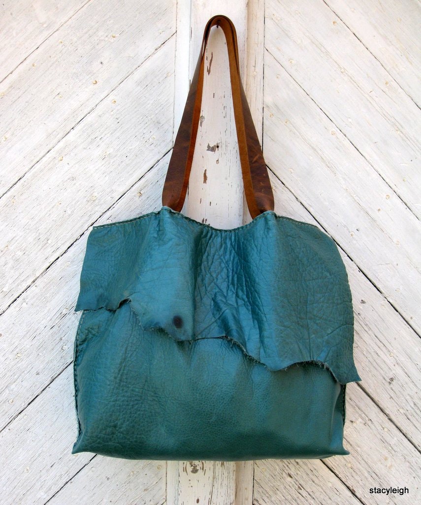 Malachite Teal Leather Tote Bag with Heavy Oiled Straps Leather Ready to Ship by Stacy Leigh
