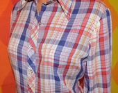 vintage 70's blouse rainbow PLAID western preppy button down butterfly collar shirt tailored women Medium Large red white