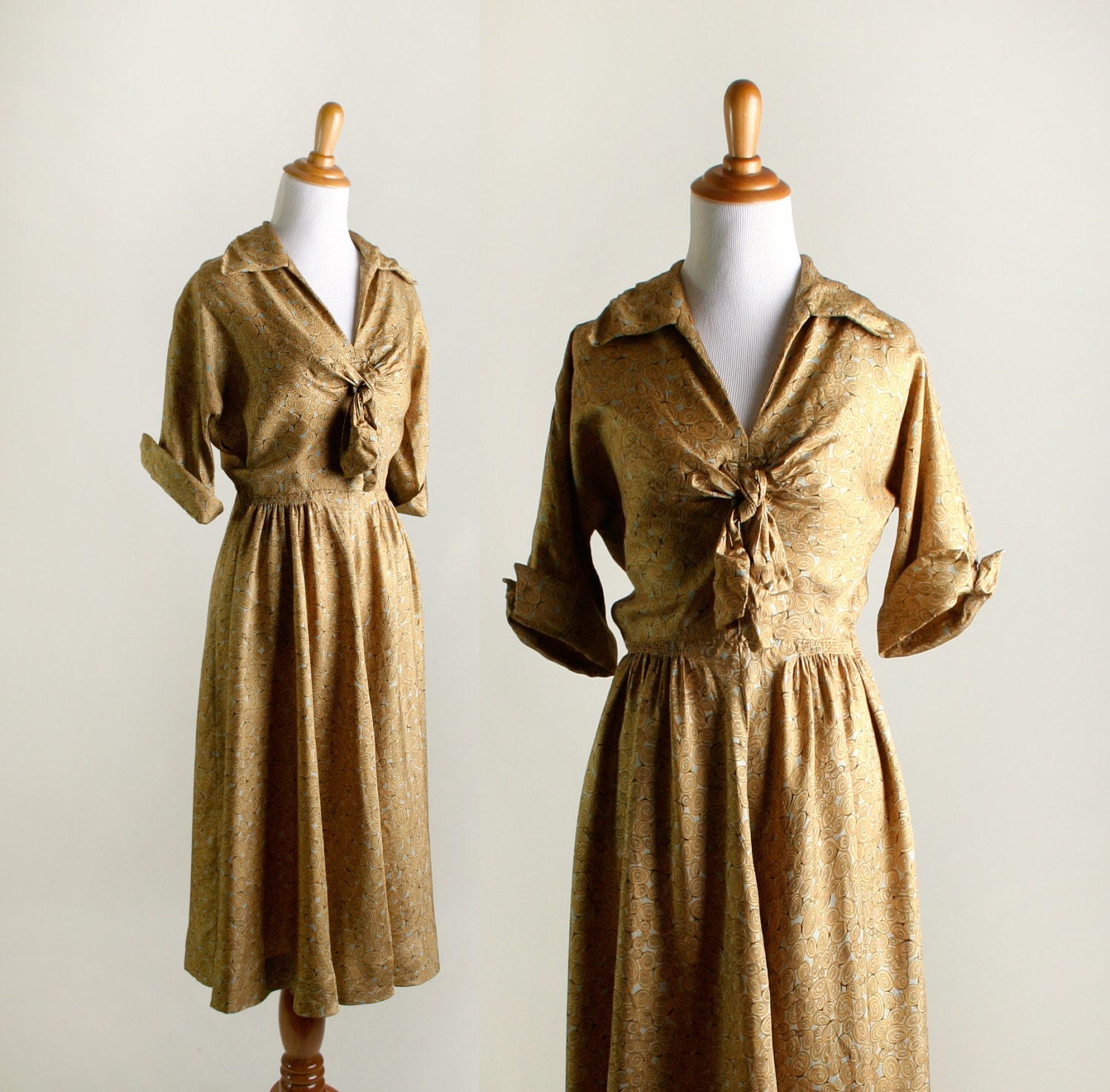 Vintage 1940s Dress - Mustard Yellow Swirls and Dots Day Dress - Small Medium