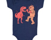 Dinosaur vs Robot Onesie - Baby Infant One Piece Funny Awesome SciFi Geek Trex Boxing Dino Monster Battle Bodysuit Romper Navy Blue Jumper