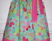 Pillowcase Dress BUTTERFLIES and Hearts Aqua Pink Spring baby toddler girl