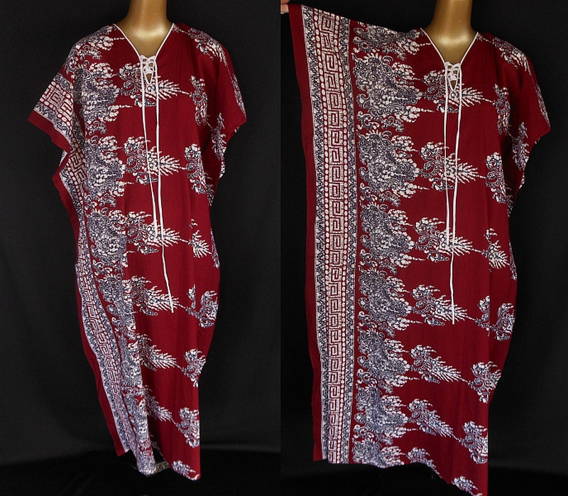 Vintage 70s Caftan Dress - 1970s East Indian Rich Hippie Boho Abstract Border Print Caftan Maxi Dress - Size L