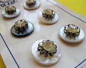 Vintage Carded Buttons: Set of 6 Large Mother of Pearl Buttons with Rhinestone Crowns, 7/8" Diameter, Stylemakers Brand, circa 1940s