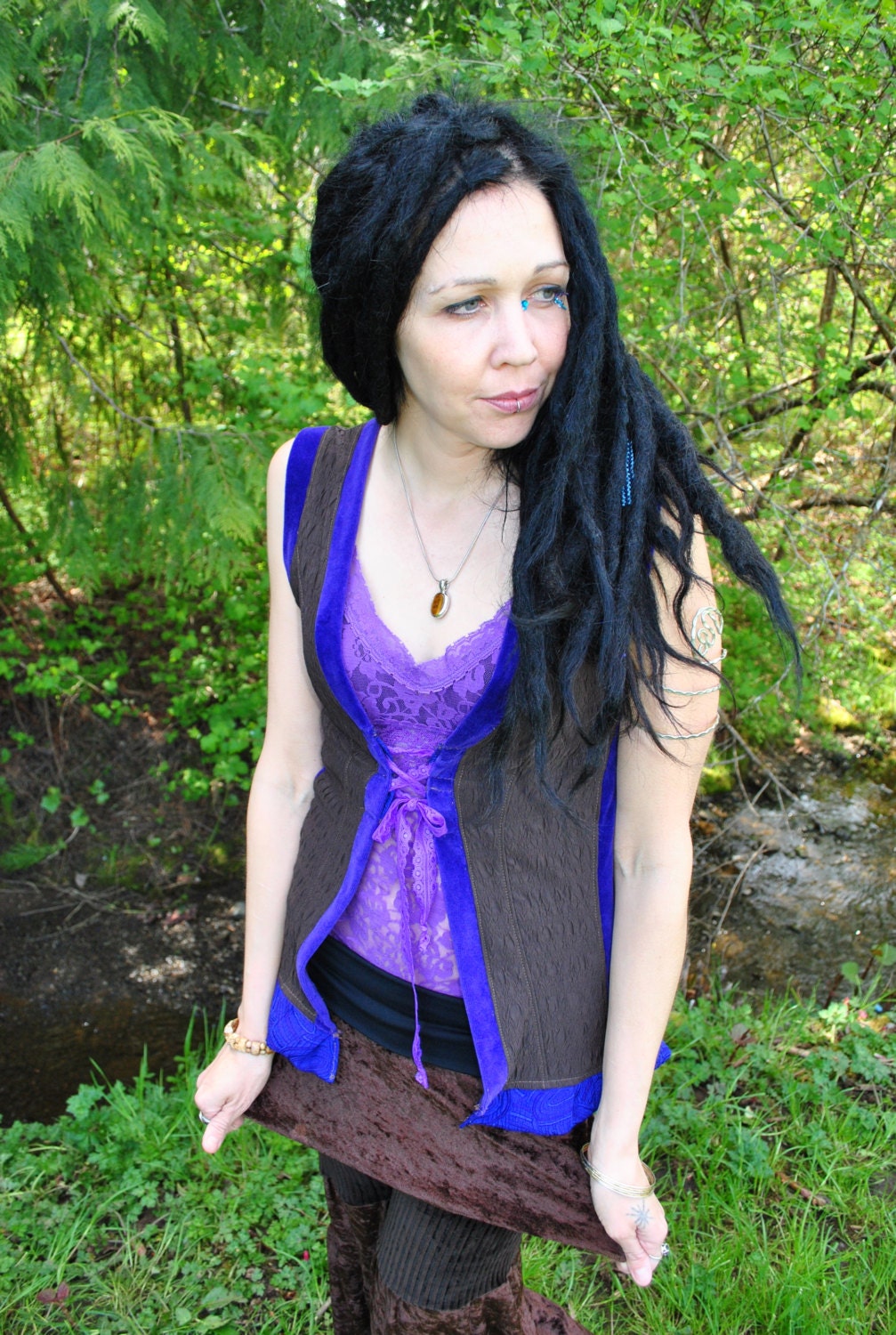 Corset Vest, Festival Clothing, Pixie top, Gypsy Clothes, Purple and Brown Double Corset