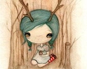 Deer Art Girl Blue Forest Robin Bird Antlers Wall Art---Deer In The Woods Print  5 x 7
