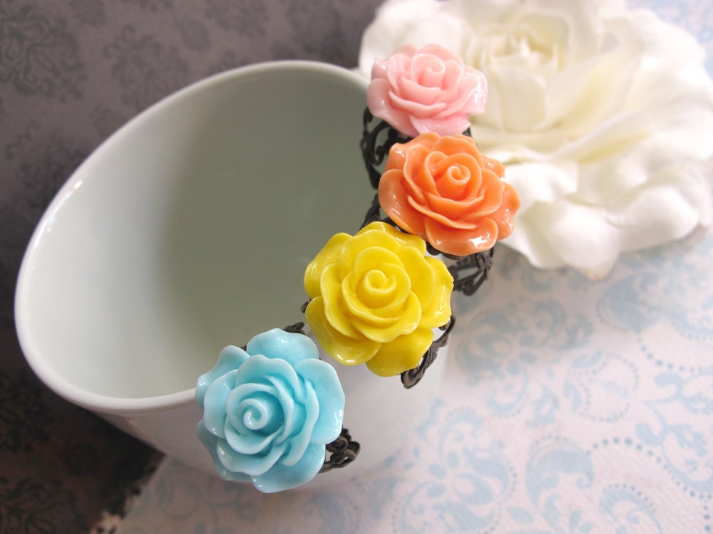 Garden Ruffled Roses. Spring Statement. Nickel Lead Free Antiqued Brass Filigree Adjustable Cocktail Ring. Nature Inspired Jewelry