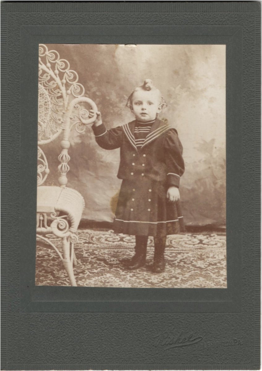 darling CABINET PHOTO - tiny little Ringlet Boy in his pleated Sailor Dress and Button Boots - adorable cab card