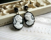 Lady cameo earrings, black and white cameo in antiqued brass setting