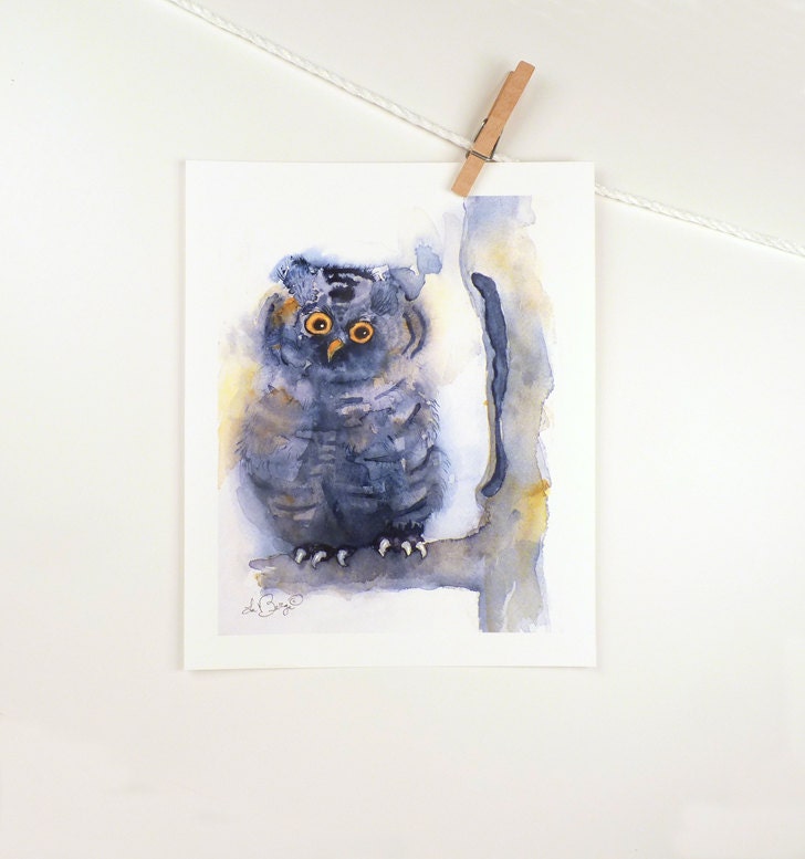 Owl bird art - Painting Watercolor Print - Animal Art, Great Horned Owl Painting, Nature art, Woodlands - Men Women Kids - 8 x 10 Artwork