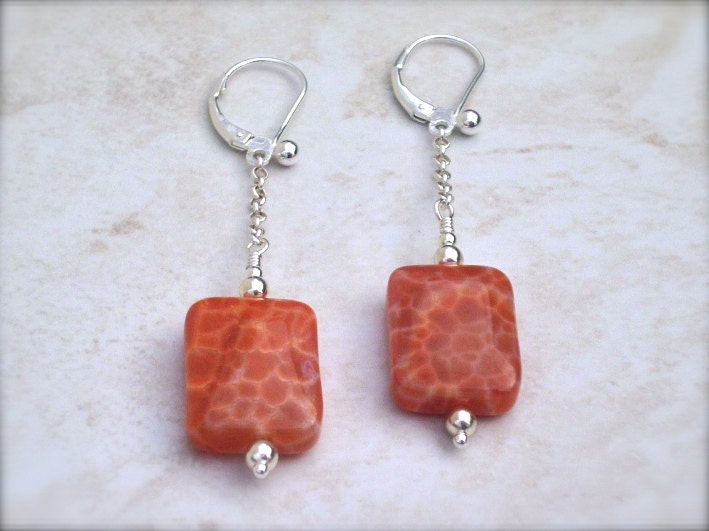 orange stone earrings with sterling silver, crab fire agate, unique jewelry for women, rectangle tablet dangle style