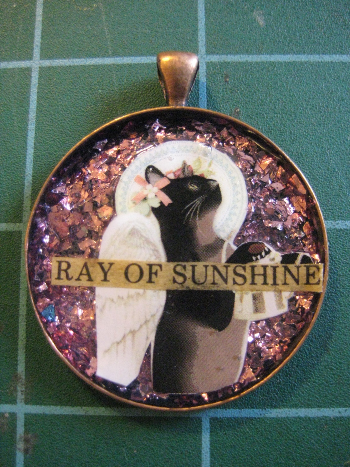 Black Cat Angel, An Angelic Ray of Sunshine Pendant, Kitty, Black Cat, Winged Kitten, Vintage Style Flake Glitter