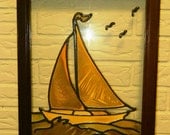 Vintage Stained Glass Sail Boat, Nautical Beach House Decor, Sail Boat, Sea Gulls, Ocean