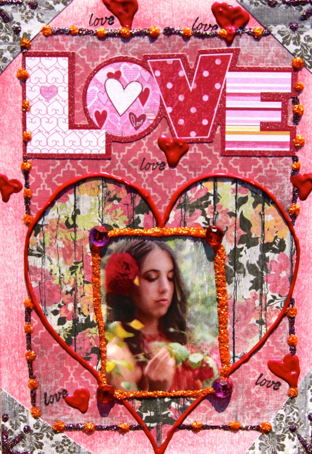 Altered Art Folded Greeting Card, Love, Heart, Valentine, Floral, Size 5x7, Handmade, Blank Inside
