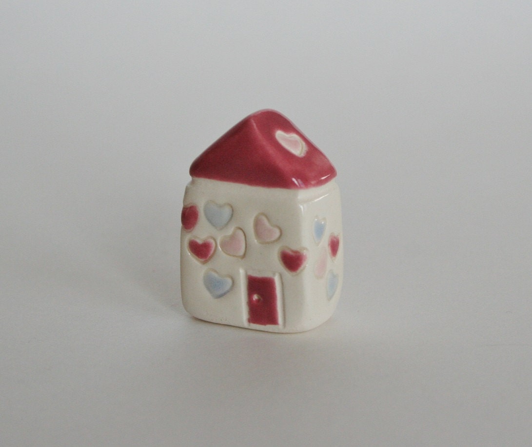 Little Clay House  confetti hearts rose pink white Miniature Ceramic House Cottage the little red door