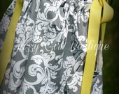 Girls Boutique Pillowcase Dress in the Grey Elegance Fabric with yellow Ribbon Ties