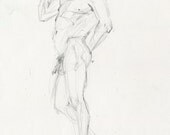 Original Drawing Nude Male Charcoal Figure Gesture Sketch - Athletic Handsome Art Deco Man