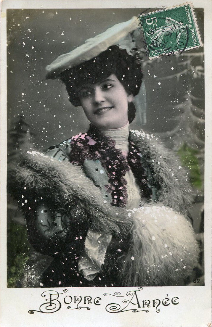 Original French vintage hand tinted real photo postcard - Lady with hat in snow - Victorian Paper Ephemera