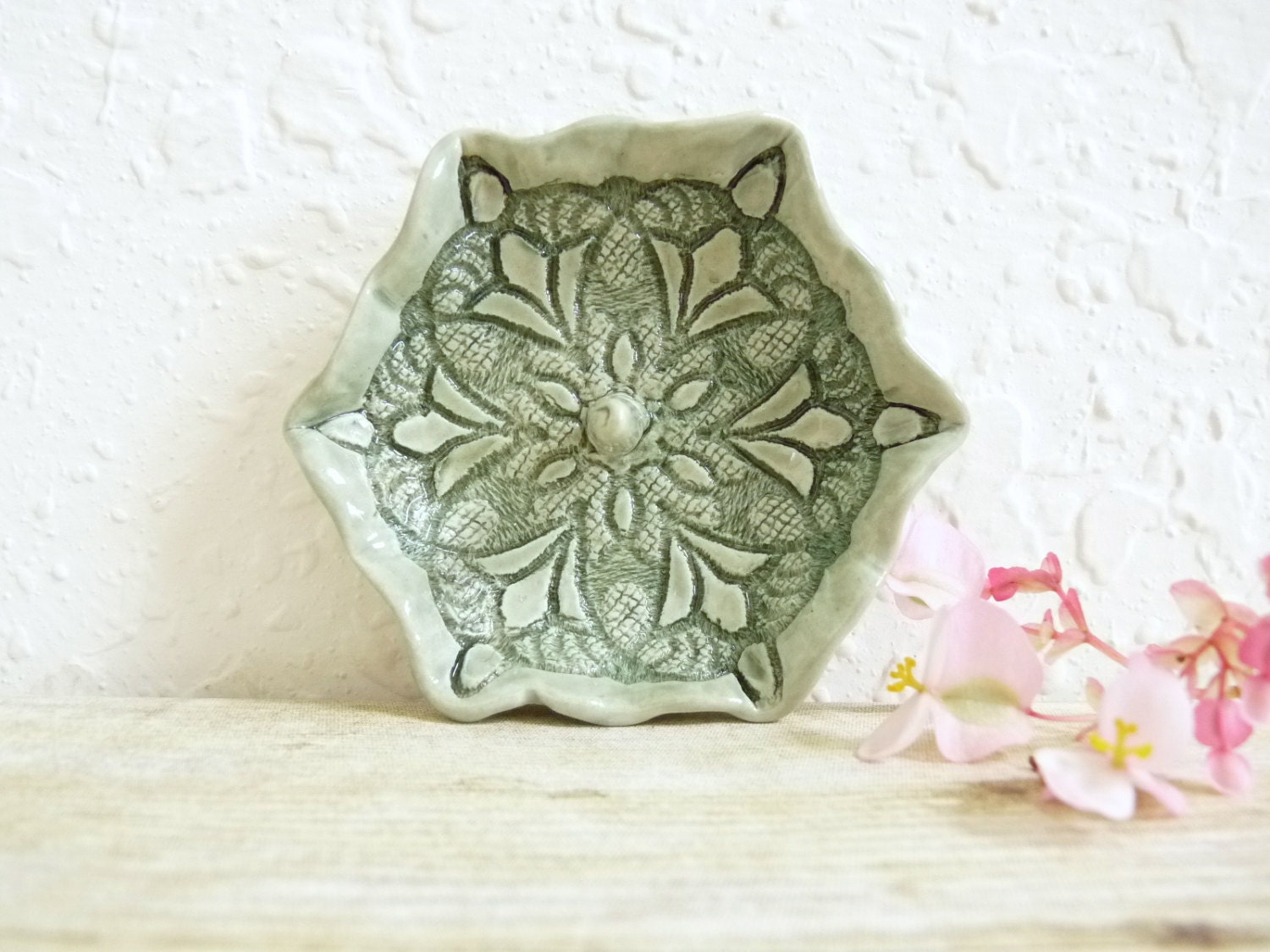 Ring Holder Trinket Dish Ring Catcher Bowl Jewelry Holder Grayed Jade Sage Green Lace Doily