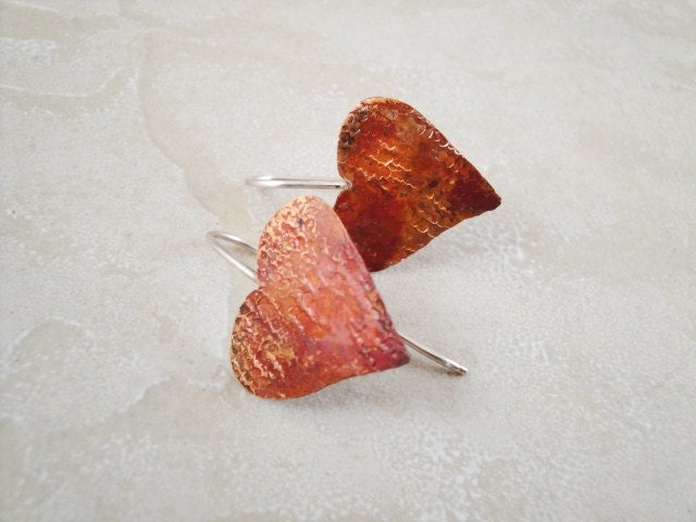 Heart earrings. Red copper. Texture. Heat patina. Sterling silver. Hand cut copper
