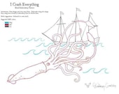 Giant Squid Ocean Sail Ship Digital Hand Embroidery Pattern, Instant Download