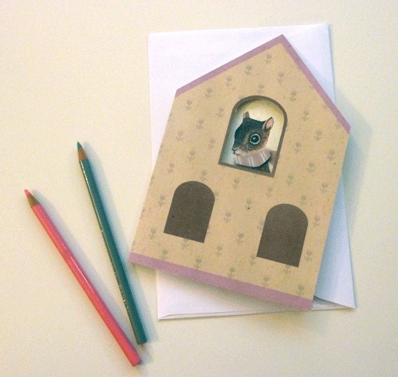 DIY Squirrel in Home Housewarming Card Printable PDF for Pen Pals, Kids, New Home, Cute Animals, Pink