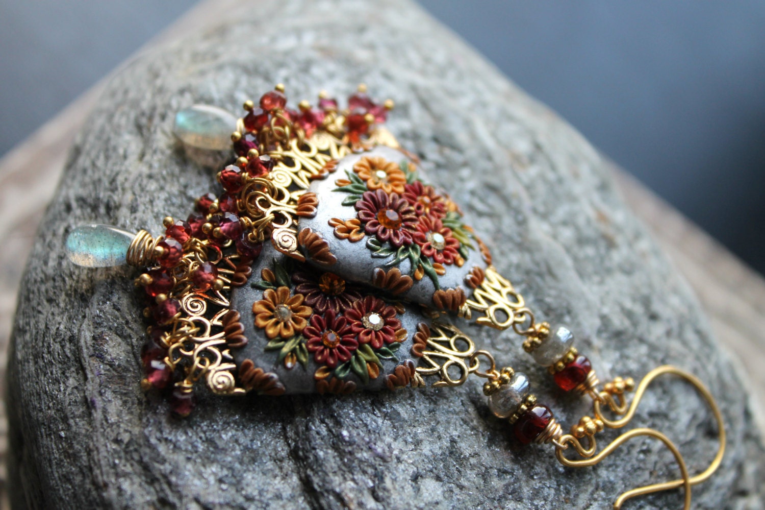 Ready To ship - Pink Rhodolite Garnet, faceted Labradorite and vintage filigree in vermeil gold with clay details -  The Wedding Bells