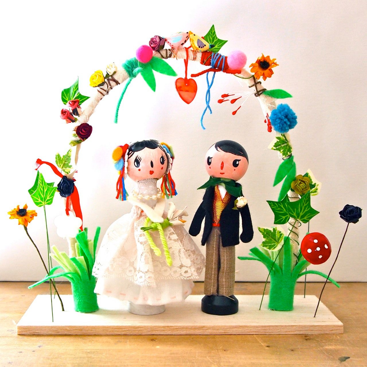 Wedding cake topper table decoration peg dolls woodland flower garden