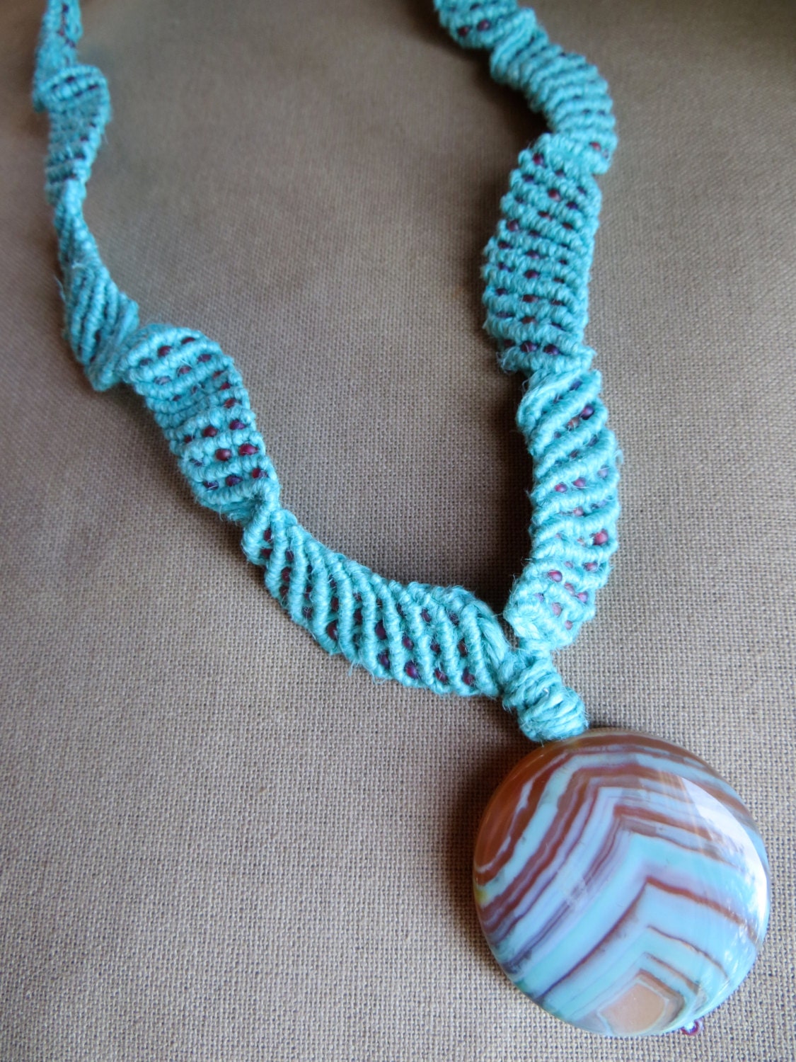 Hemp Macrame Rainbow Agate Necklace - Natural Hippie Bohemian