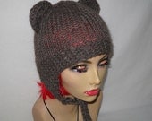 Fuzzy Chunky Wool Bear Hat Knit Beanie with Bear Ears and Earflaps - Adult