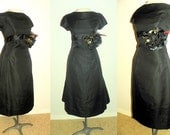 1950's Black Moire Taffeta Ultra BOMBSHELL Cocktail Dress Vintage 50's Waterfall Drape Open Back Couture I Magnin Party Dress HUGE ROSE