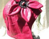 Aviator/ Motoring Hat Ladies 1920s Style in Shiny Hot Pink Leather w/ Leather Flower
