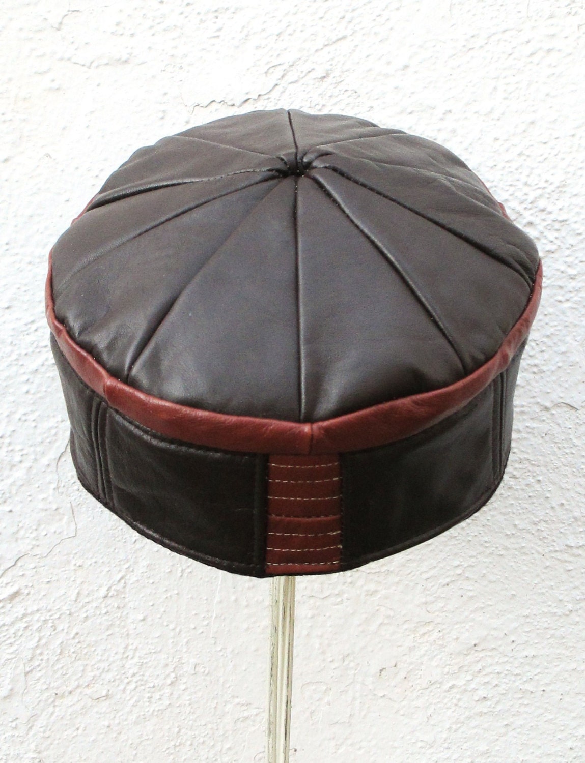 Leather Kufi Hat or Crown in Brown/ Burnt Orange, Large Size