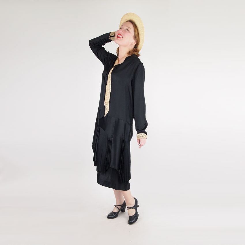 1920s Black Satin and Ecru Lace Drop Waist Dress with Great Details L