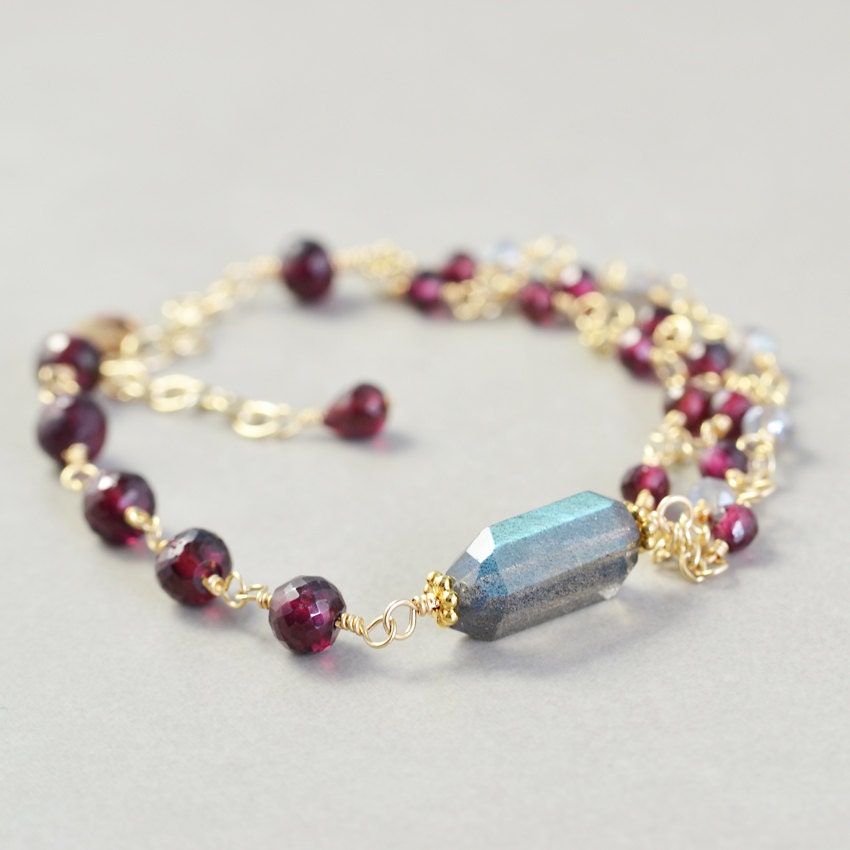 Garnet Labradorite Bracelet, Multi Strand Gemstone Bracelet, January Birthstone Jewelry
