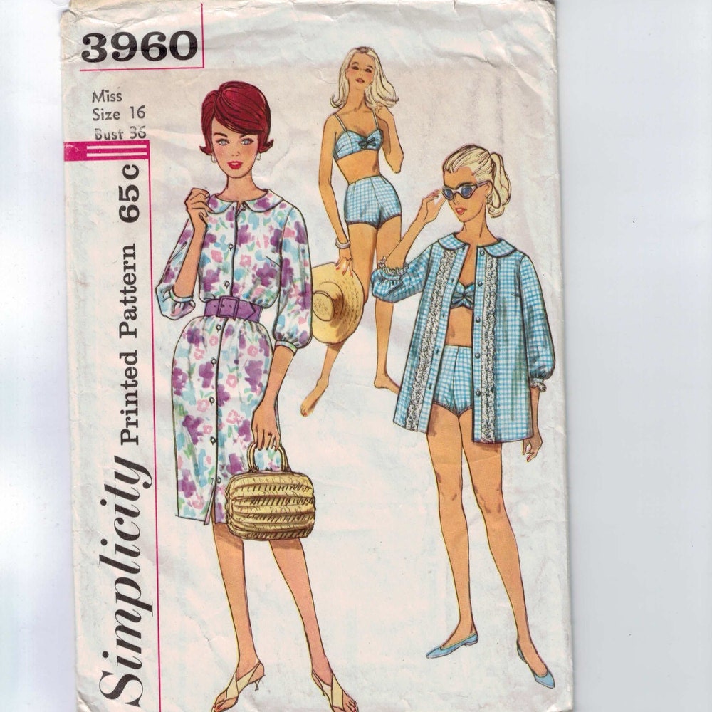 1960s Vintage Sewing Pattern Simplicity 3960 Misses Bikini Two Piece Bathing Suit Size 16 Bust 36 60s INCOMPLETE