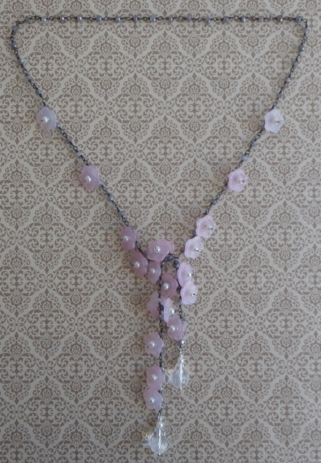 Lariat Necklace - Vintage Pressed Glass Flowers, Natural Rock Crystal Quartz Briolette Drops, Pearls and Mystic Labradorite