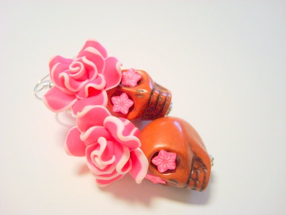 Pink and Mocha Brown Day of the Dead Roses and Sugar Skull Earrings