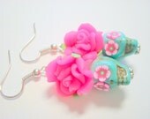 Turquoise and Bright Pink Flower Eyes Day of the Dead Roses and Sugar Skull Earrings