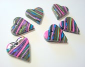 Handmade Marbled Black and Pink Striped Polymer Clay Heart Beads