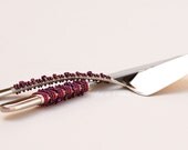 SWAROVSKI Cake Server And Knife Set Beaded In BURGUNDY PURPLE Crystals, Genuine Fresh Water Pearls, Glass Wedding Table Settings
