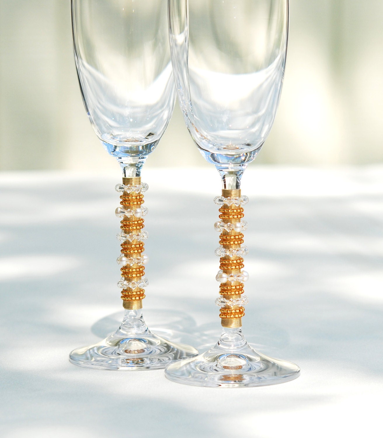 SWAROVSKI Crystal Beaded Wedding Champagne Toasting Flutes Gold Glass, Clear Crystal And Fresh Water Pearls TABLE SETTINGS