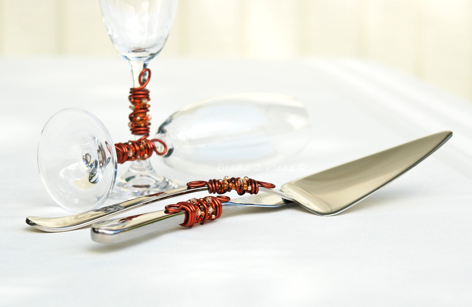 AUTUMN Beaded Wedding Cake Server Knife Set And Flutes SWAROVSKI Crystal, Glass And Pearls Cognac SWIRLS Copper Gold Orange Rust And Brown