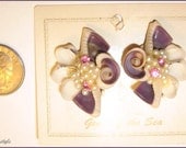 Vintage 1950s Clip Earrings Purple Seashell Clip Style Deadstock on Card Pin Up Hawaiiana Beach Wedding