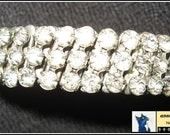 Vintage 1950s Bracelet 3 Rows Rhinestones Expandable - Silver Metal Clear Stones to 7"
