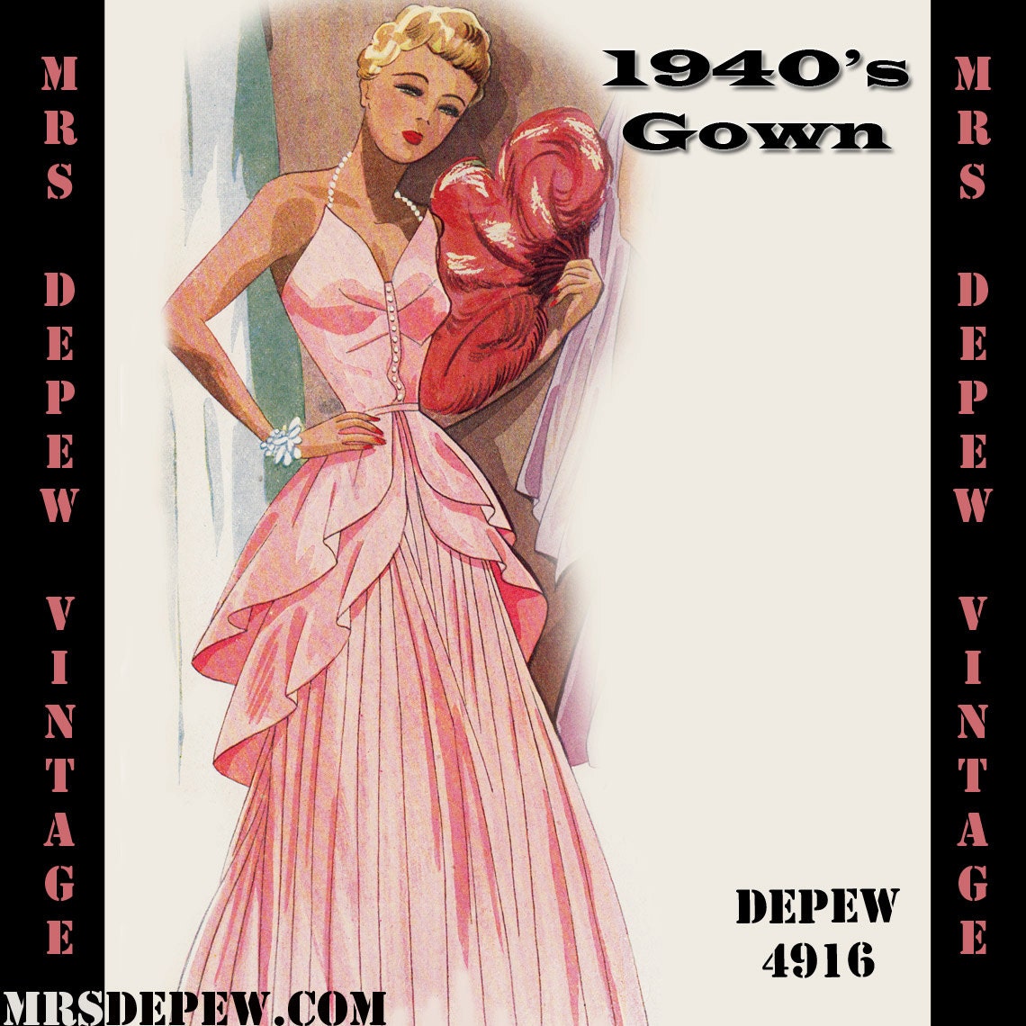 Vintage Sewing Pattern 1940's Evening Gown in Any Size Depew 4916 -INSTANT DOWNLOAD-