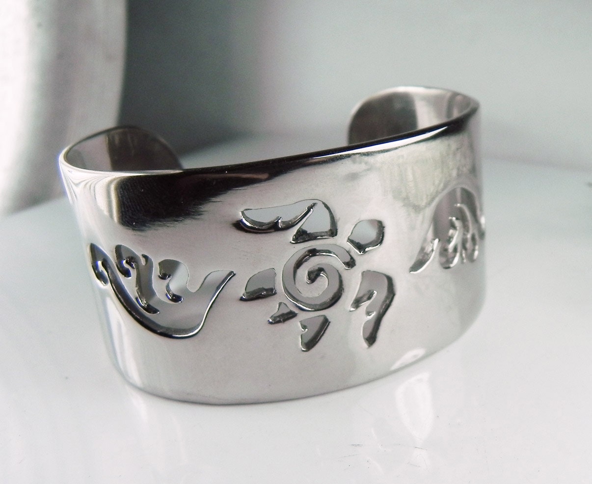 Sea Turtle Bracelet - Turtle Cuff Bracelet - Heavy Metal Pierced Swirl Wave Cuff - Turtle Totem - Sea Life - Nautical